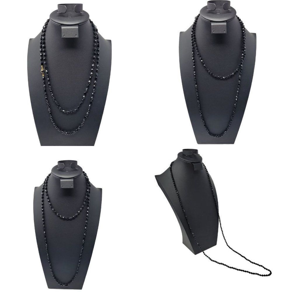 Vintage‎ Signed Austrian Black Glass Beaded Flapper Necklace Oblong Bicone Long
